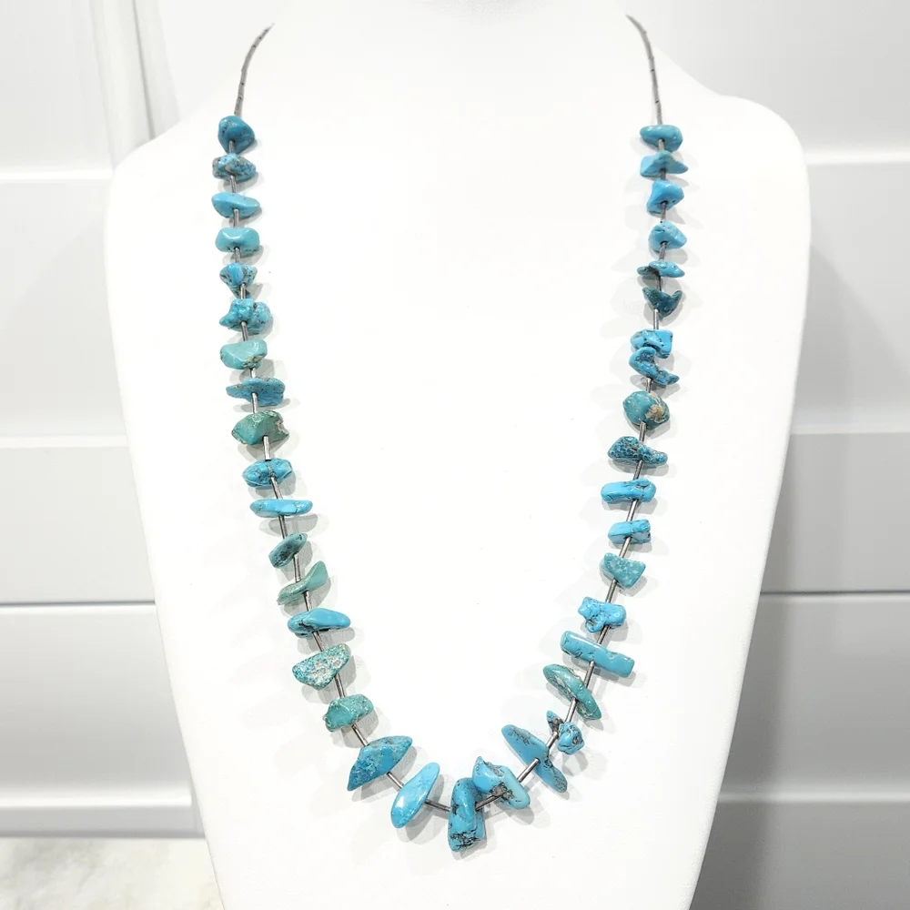 Vintage Southwestern Turquoise Nuggets Sterling Silver Heishi Bead Necklace